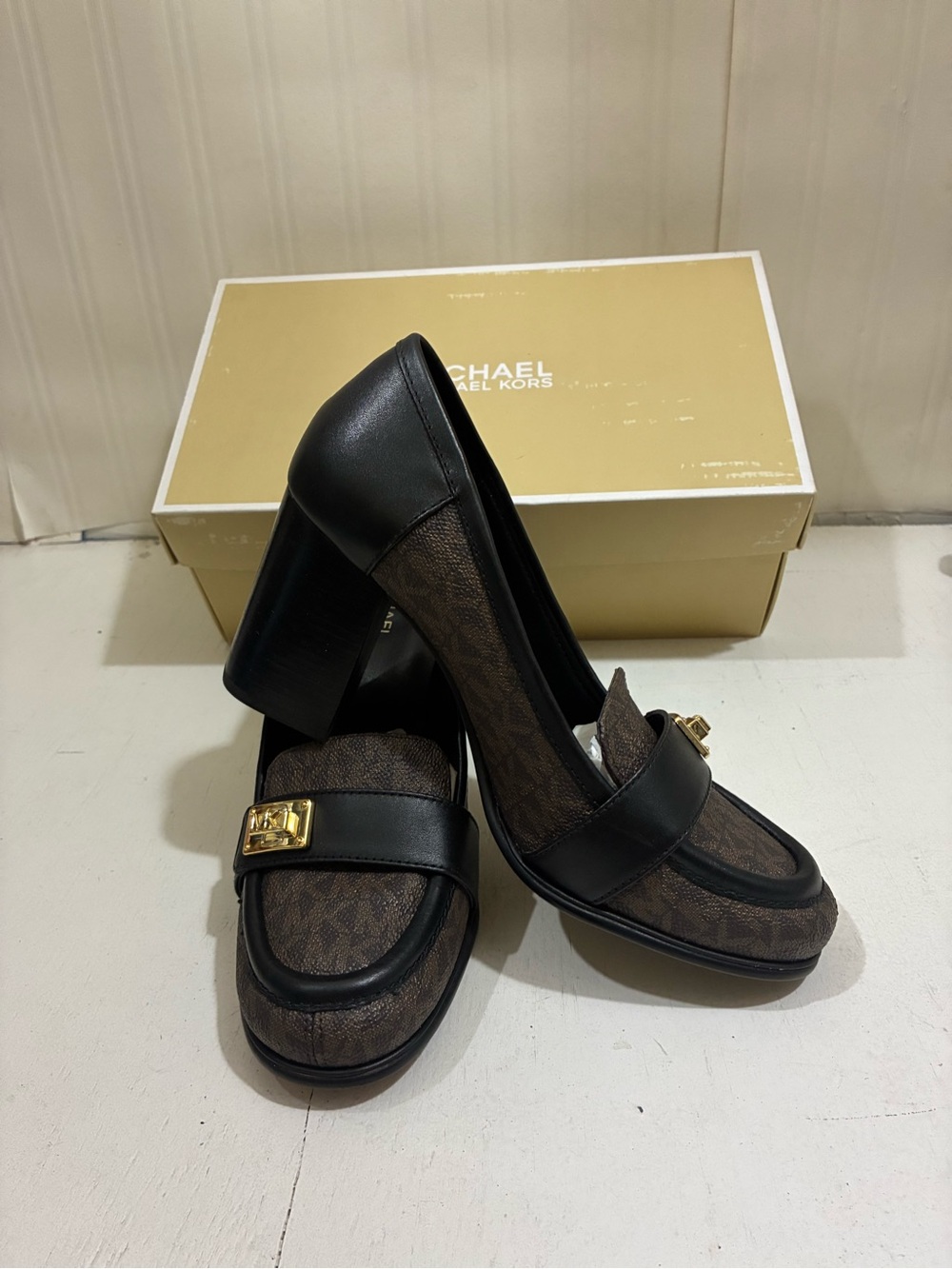 Michael Kors Brown Logo Block Heel Loafers with Gold Accent